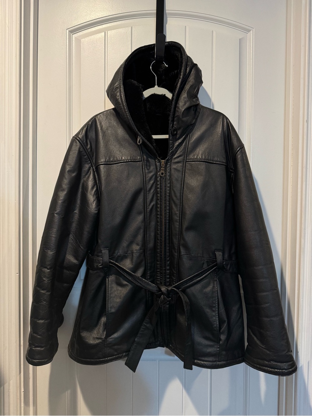 Wilsons Leather Black Hooded Leather Belted Fur Lined Jacket XL